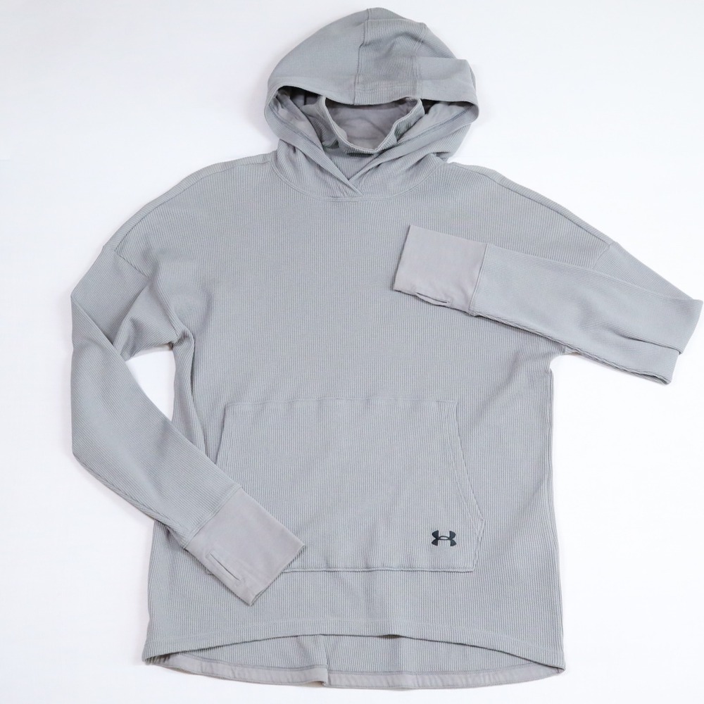 Under Armour Waffle Knit Hoodie Women S Loose Gray Thermal Thumbhole Neck Warmer